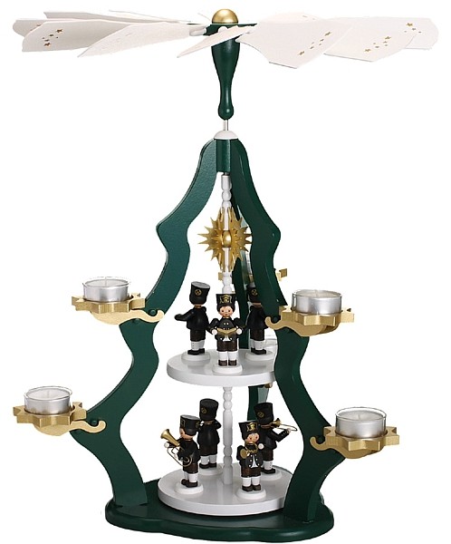 Teelichtpyramide 2-stöckig grün mit 7 Bergmännern Teelichtpyramide 2-stöckig grün mit 7 Bergmännern