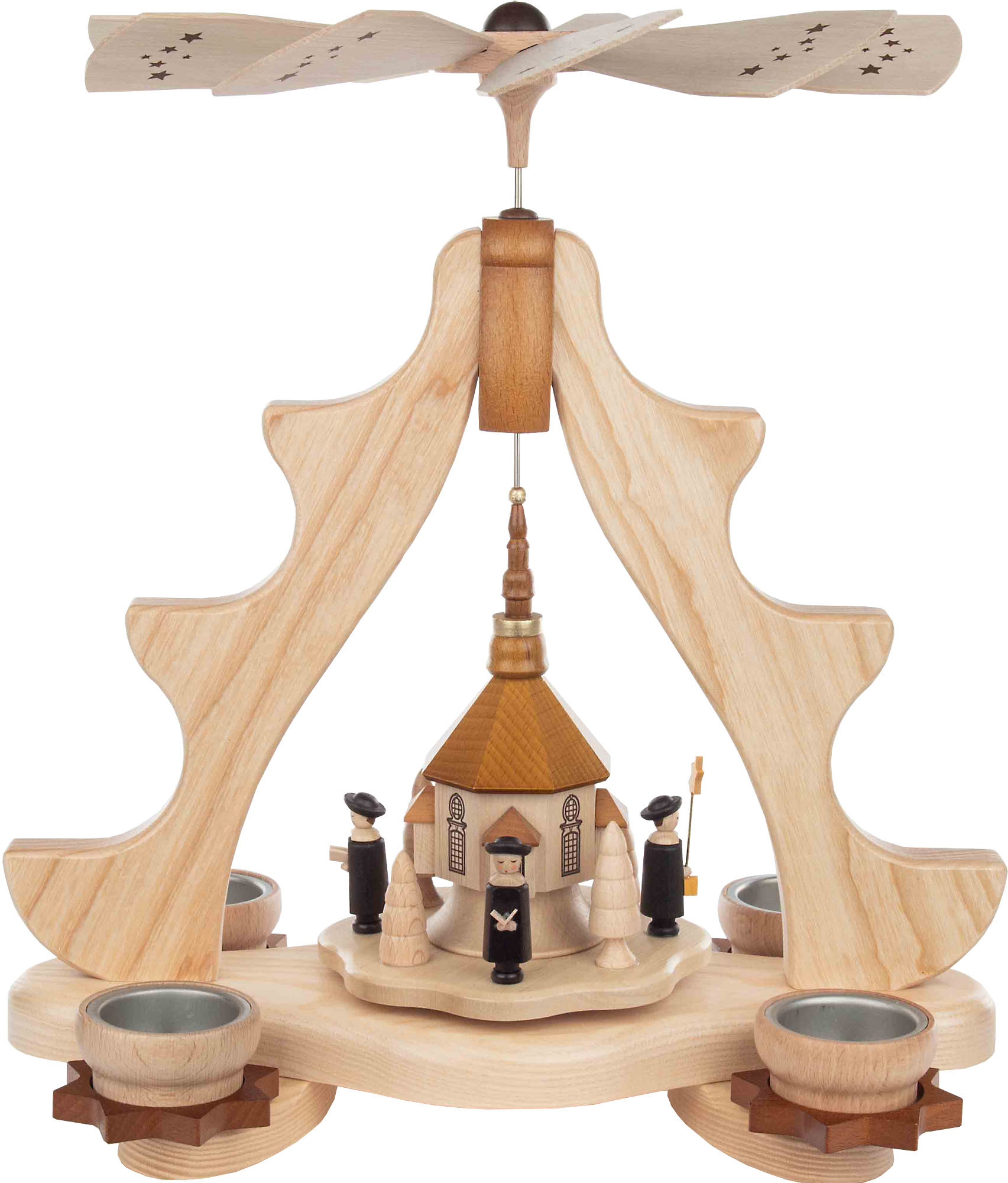 Pyramide mit Seiffener Kirche, Kurrende und Bäumchen, natur Pyramide mit Seiffener Kirche, Kurrende und Bäumchen, natur
