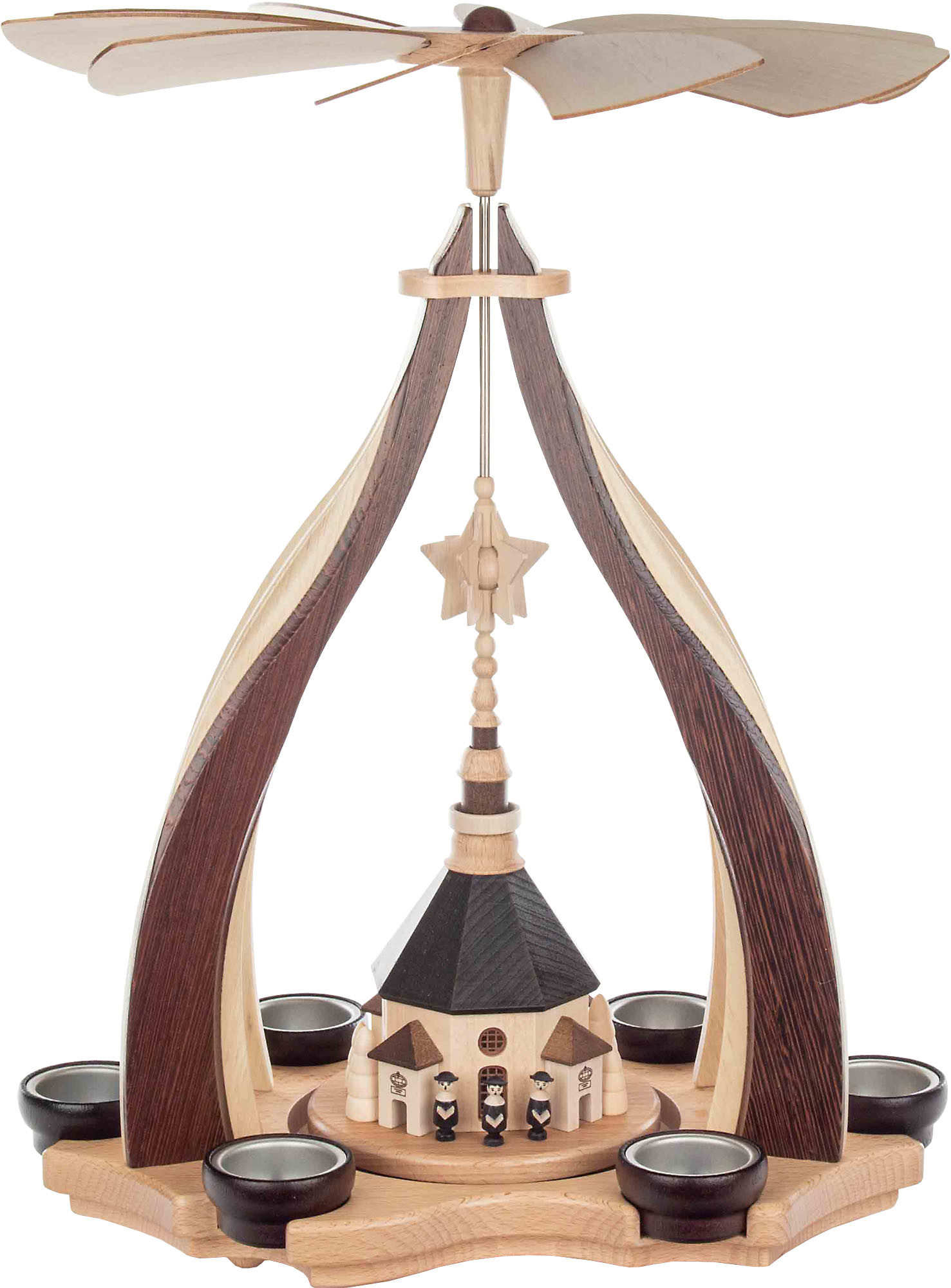 Design-Pyramide, Wenge/Hainbuche, mit Seiffener Kirche für 6 Teelichter Design-Pyramide, Wenge/Hainbuche, mit Seiffener Kirche für 6 Teelichter