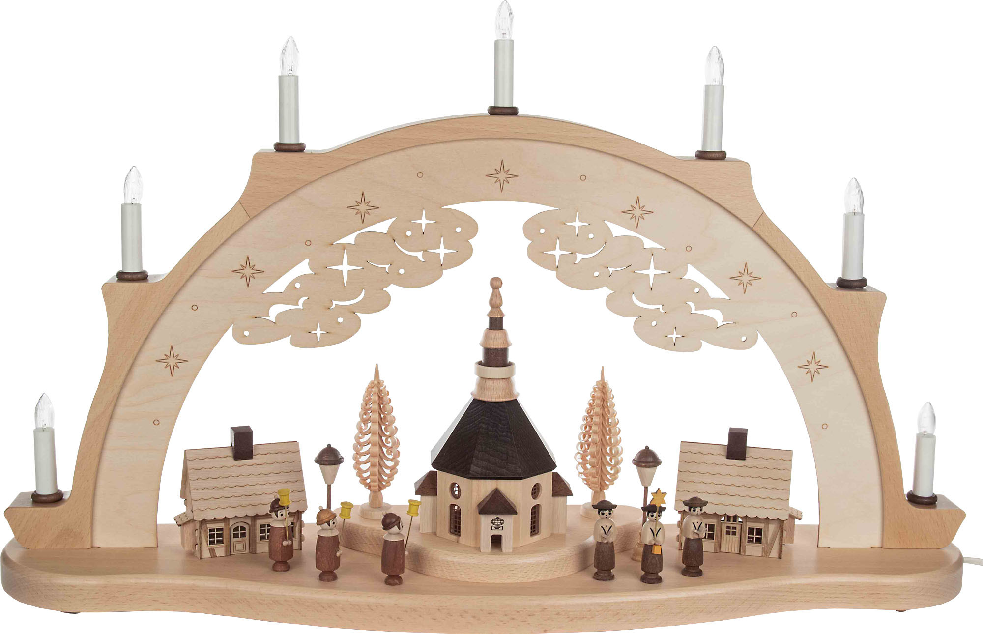 Schwibbogen Seiffener Kirche mit Häusern, Kurrende und Laternenkinder Schwibbogen Seiffener Kirche mit Häusern, Kurrende und Laternenkinder