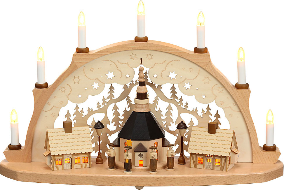 Schwibbogen Seiffener Kirche, beleuchtete Häuser Schwibbogen Seiffener Kirche, beleuchtete Häuser