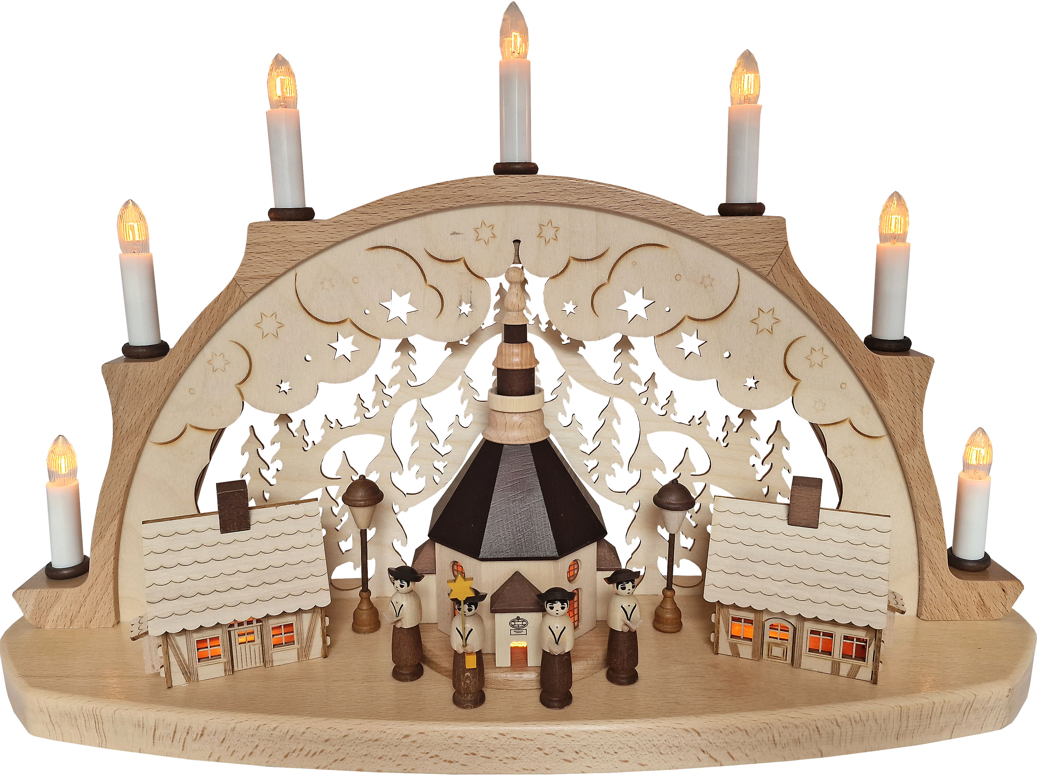 Schwibbogen Seiffener Kirche, beleuchtete Häuser 53cm