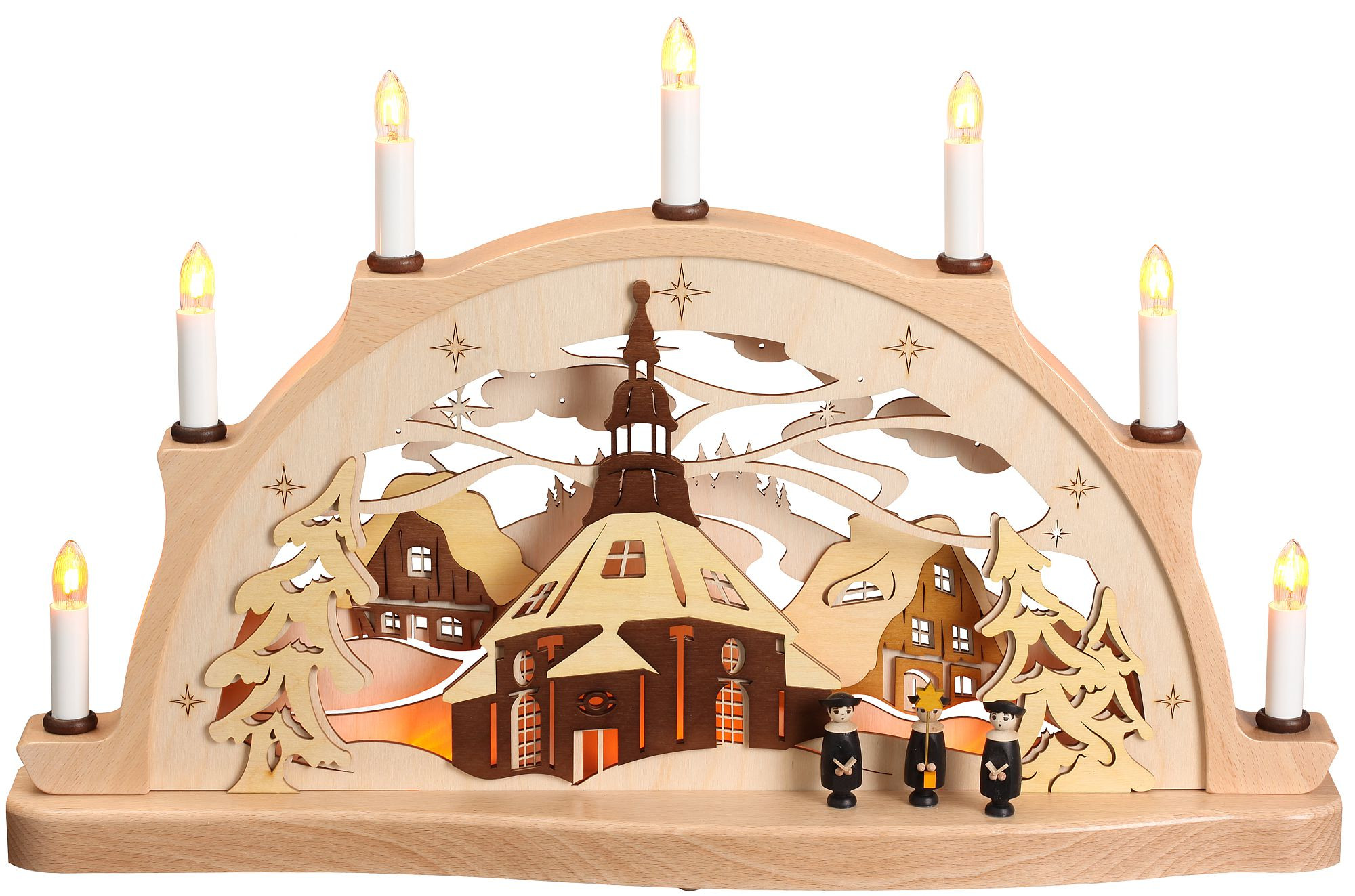 Schwibbogen Seiffener Kirche mit Figuren Schwibbogen Seiffener Kirche mit Figuren