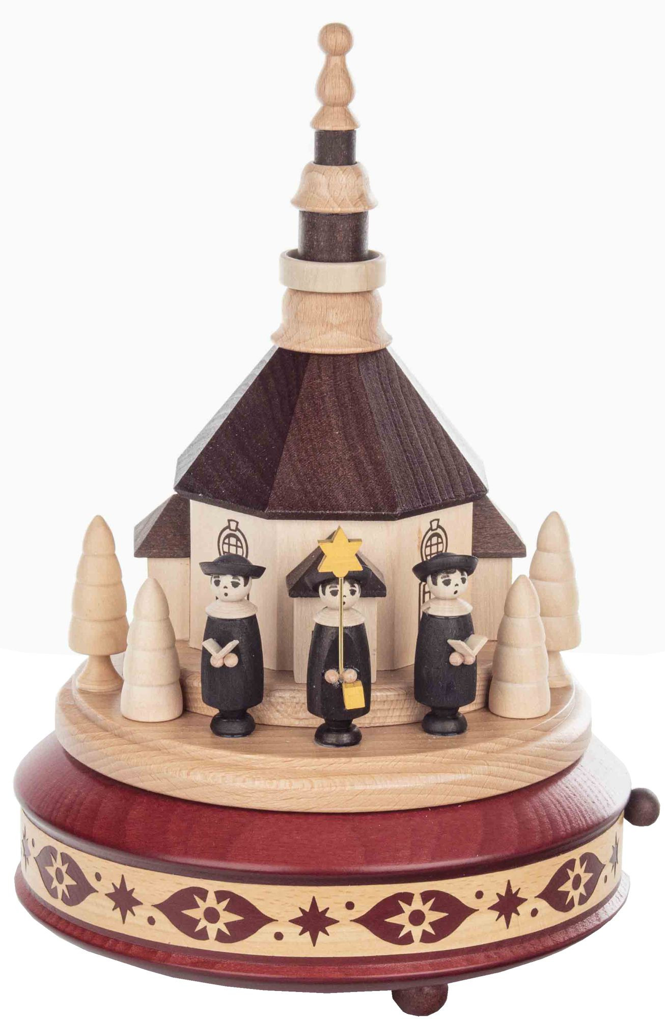Spieldose mit Seiffener Kirche und Kurrende , mahagoni