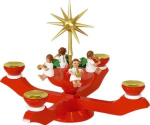 Adventsleuchter mit Musikantenengel, rot Adventsleuchter mit Musikantenengel, rot