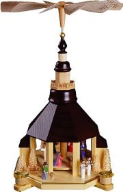 Weihnachtspyramide Kirche dunkel, Christi Geburt, bunt