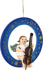 Baumbehang Engel im blauen Ring - mit Cello, ohne Krone, farbig