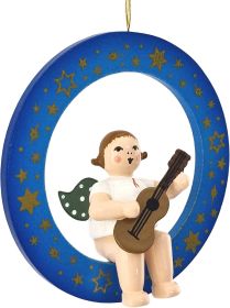 Baumbehang Engel im blauen Ring - mit Gitarre, ohne Krone, farbig