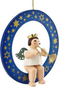 Baumbehang Engel im blauen Ring - mit Jazztrompete, mit Krone, farbig