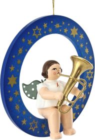 Baumbehang Engel im blauen Ring - mit Tuba, ohne Krone, farbig
