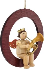 Baumbehang Engel im Ring - mit Tenorhorn, mit Krone, natur