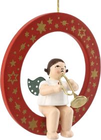 Baumbehang Engel im roten Ring - mit Jazztrompete, ohne Krone, farbig
