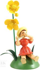 Blumenkind mit Butterblume und Piccoloflöte, sitzend, farbig