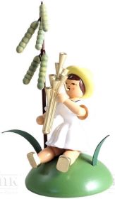 Blumenkind mit Haselblüte und Schalmei, sitzend, farbig