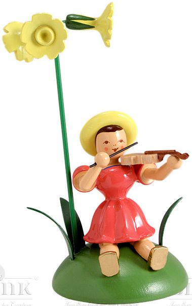 Blumenkind mit Primel und Violine, sitzend, farbig