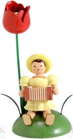 Blumenkind mit Tulpe und Harmonika, sitzend, farbig