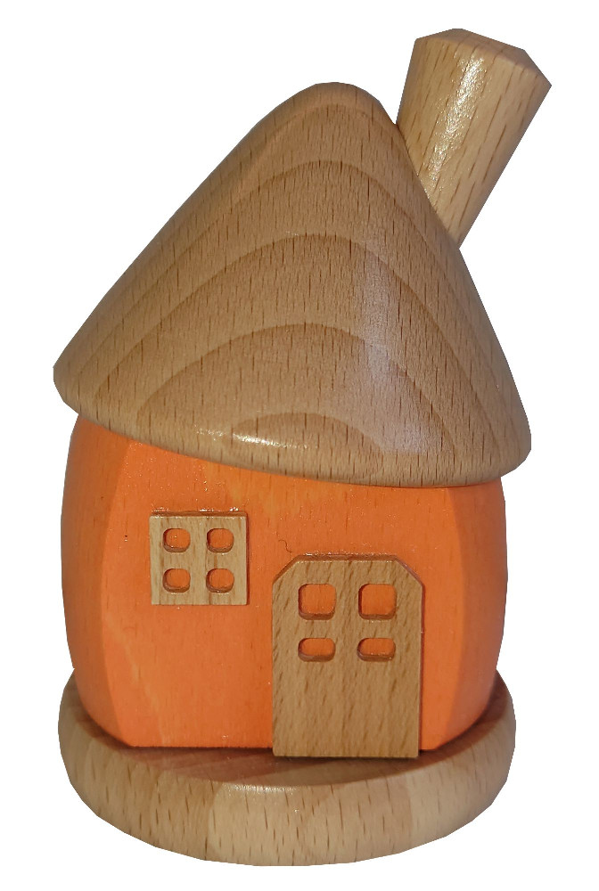 Holz-Räucherhaus, rund mit schiefem Dach - orange/natur