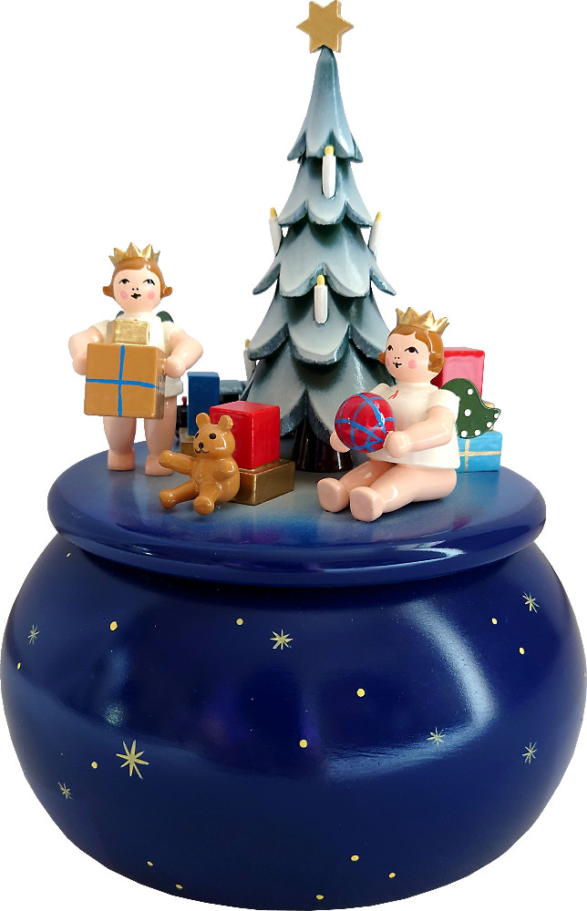 Spieldose - Engel am Weihnachtsbaum, blau mit Sternen