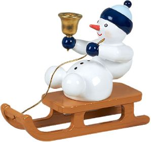Schneemann - mit Glocke auf Schlitten sitzend Schneemann - mit Glocke auf Schlitten sitzend