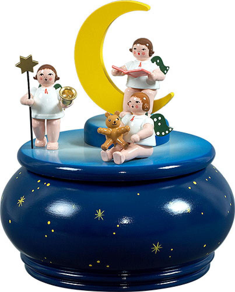 Spieldose - Engeltrio mit Mond / blau mit Sternen