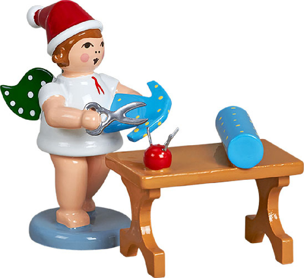 Weihnachtsengel mit Schere und Schneidertisch, mit Mütze