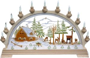 elektr. Schwibbogen Forsthaus mit Figuren, farbig elektr. Schwibbogen Forsthaus mit Figuren, farbig