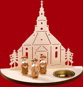 Teelichtleuchter Seiffener Kirche mit Kurrende natur