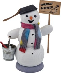 Räuchermann Schneemann mit Schild Vorsicht Glatteis Räuchermann Schneemann mit Schild Vorsicht Glatteis
