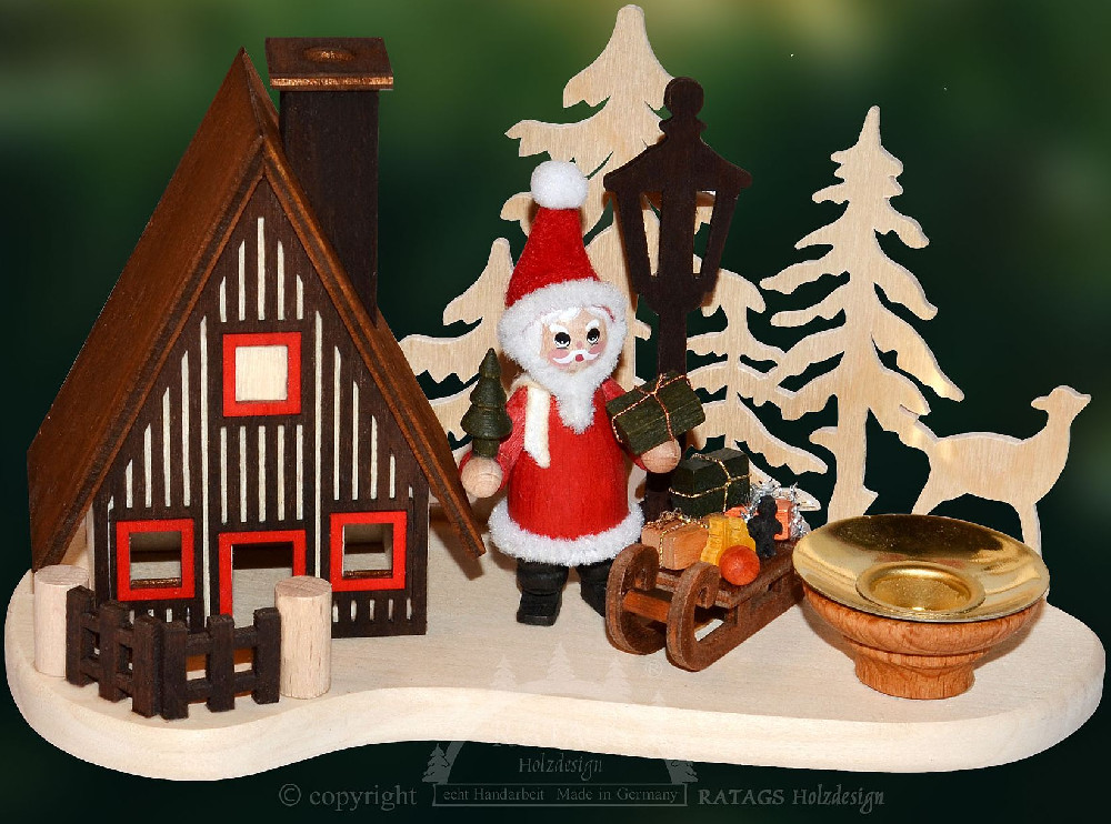 Räucherhaus Weihnachtsmann mit Schlitten und Wachskerzenhalter