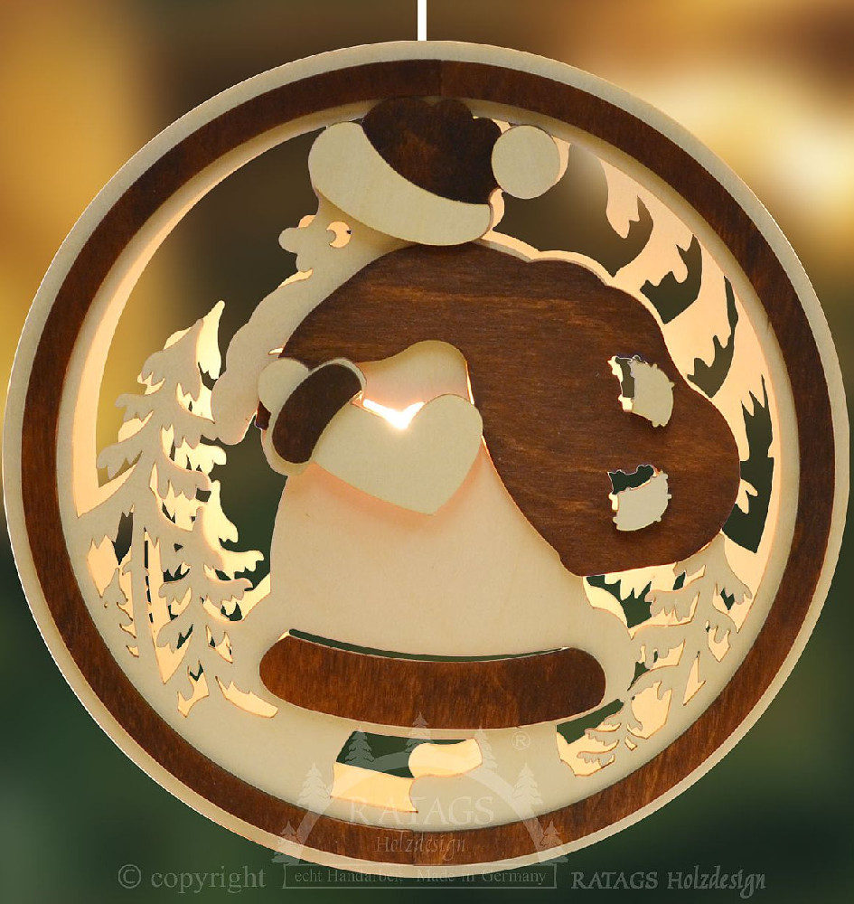 Beleuchtetes Fensterbild Weihnachtsmann braun-natur, rund