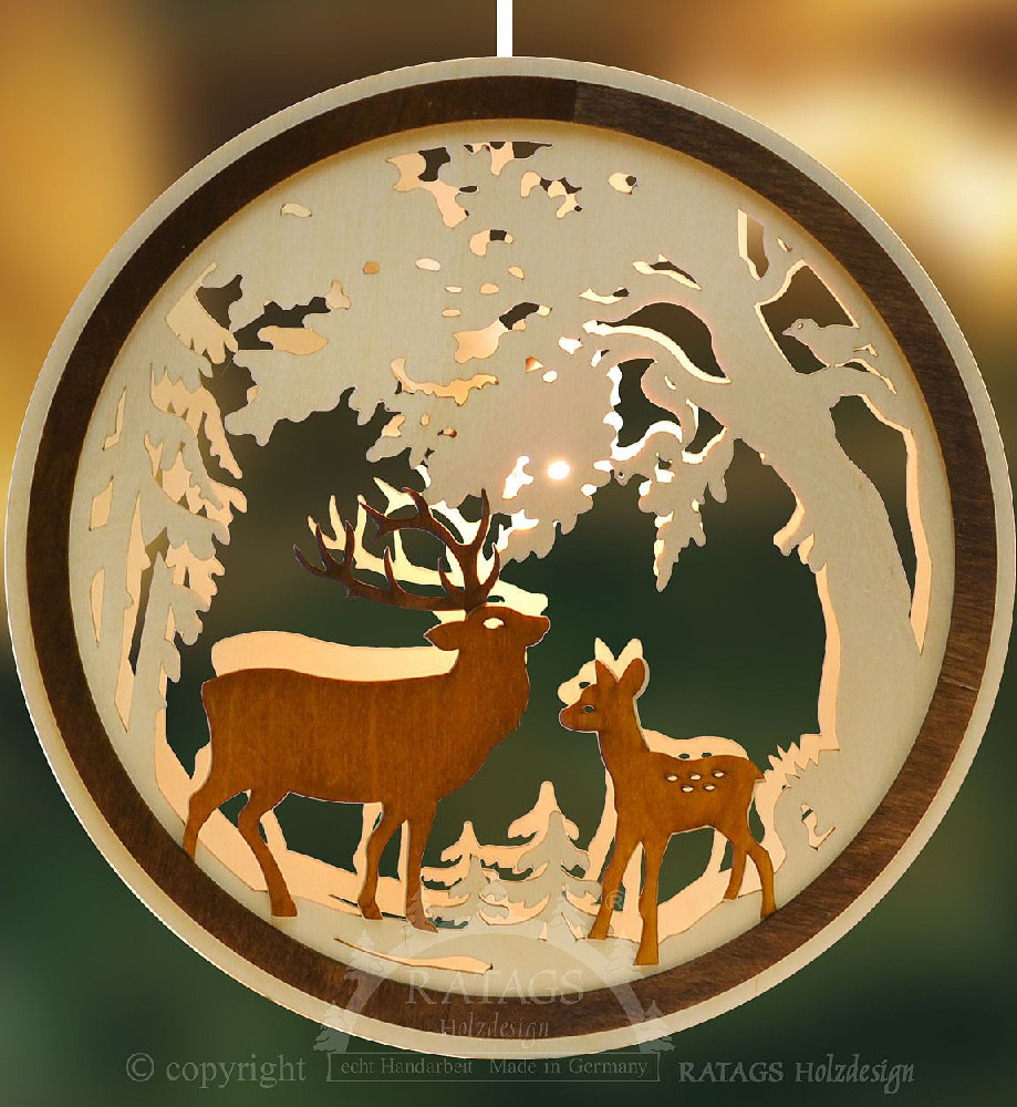 Beleuchtetes Fensterbild Hirsch und Reh braun-natur, rund