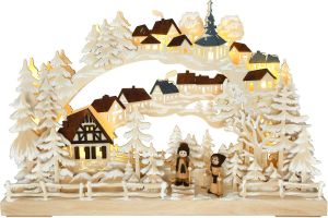 3D Schwibbogen Winterwanderung, farbige Dächer, klein, Raureif 3D Schwibbogen Winterwanderung, farbige Dächer, klein, Raureif