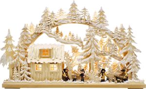 3D-Schwibbogen Blockhütte, mit Waldarbeitern, groß, Raureif 3D-Schwibbogen Blockhütte, mit Waldarbeitern, groß, Raureif