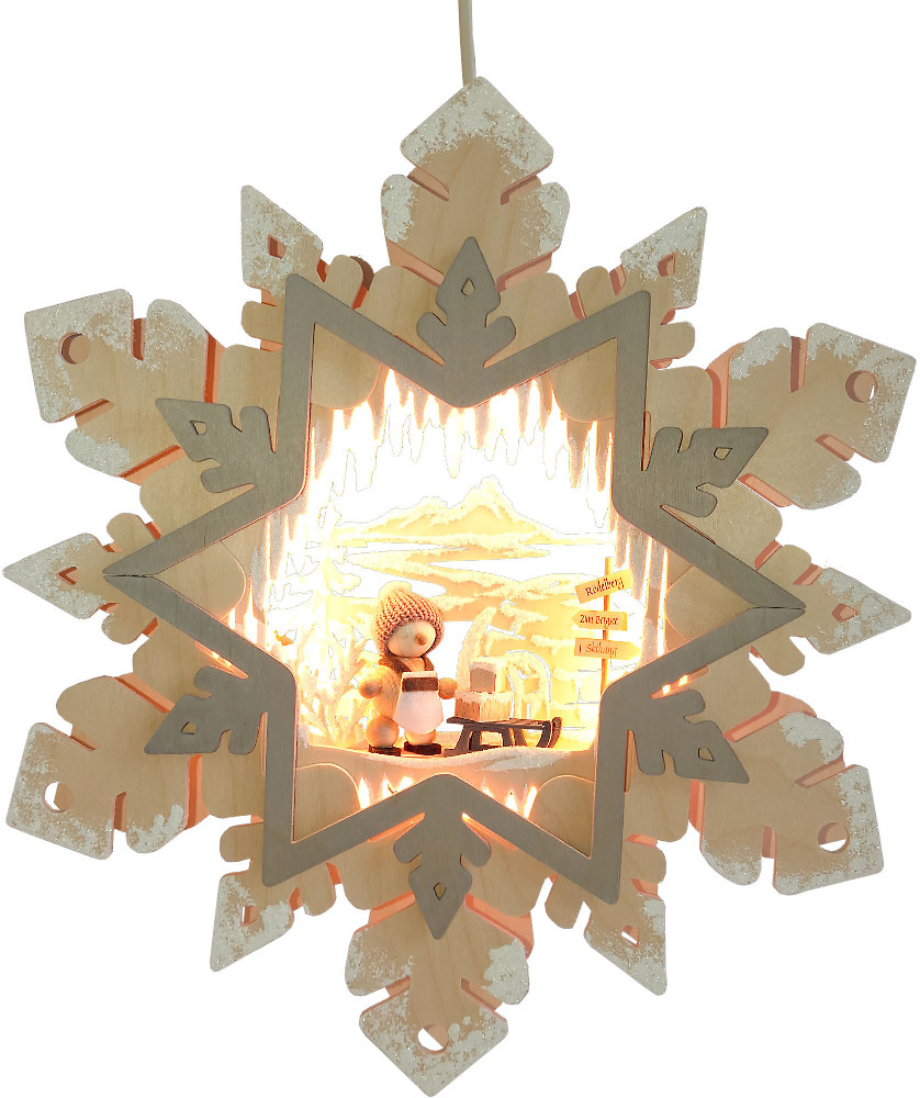 Beleuchtetes Fensterbild Schneeflocke, Snowmolly und Schlitten, Raureif