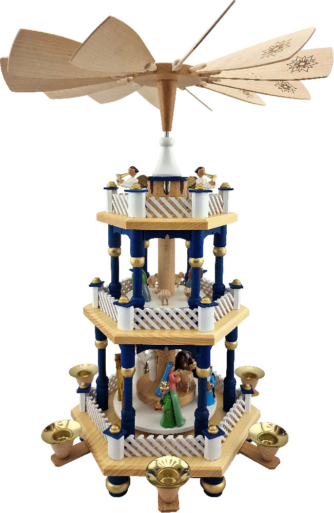 Weihnachtspyramide Christi Geburt, 2-stöckig, blau