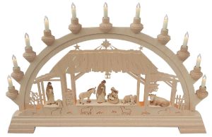 Schwibbogen Christgeburt im Stall mit Figuren gebeizt Schwibbogen Christgeburt im Stall mit Figuren gebeizt