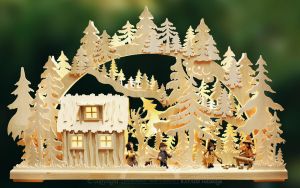 3D-Schwibbogen Blockhütte, mit Waldarbeitern, groß 3D-Schwibbogen Blockhütte, mit Waldarbeitern, groß