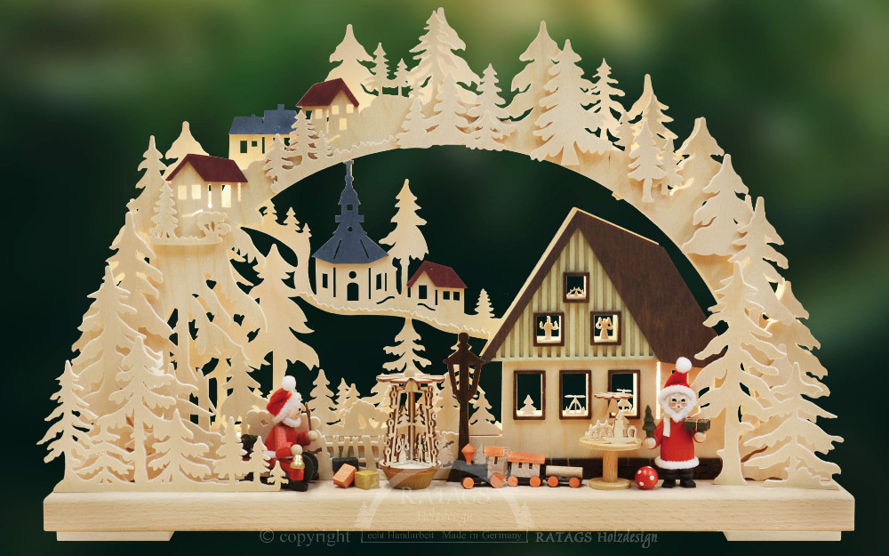 3D Schwibbogen Weihnachtsmannwerkstatt, rote Figuren, klein