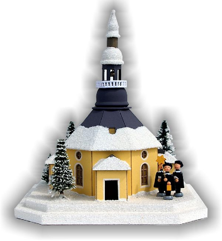 Lichterhaus Seiffener Kirche mit Kurrende und beleuchteten Weihnachtsbaum, 21 cm