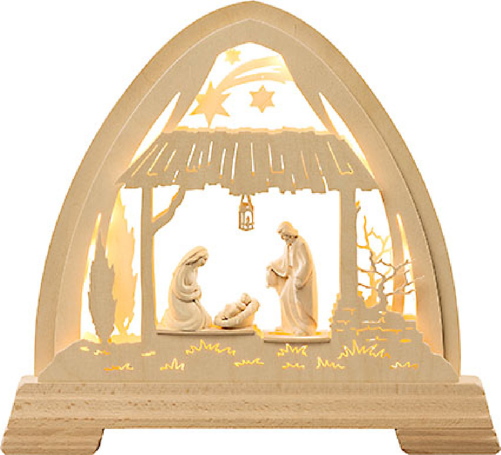 kleiner gotischer Bogen Stall mit Figuren natur, LED-Band