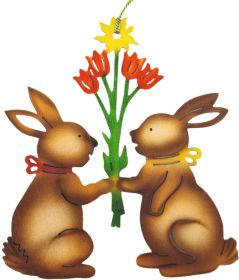 Fensterbild Ostern 2 Häschen mit Blumenstrauß - farbig