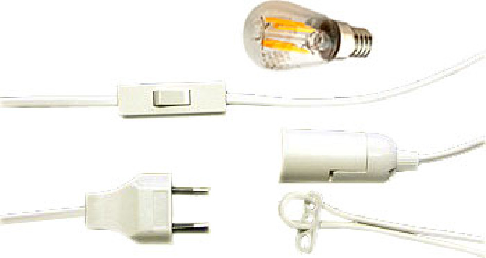 Kabel mit Stecker, Schalter, Fassung und LED-Lampe