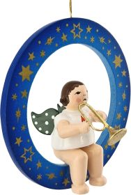 Baumbehang Engel im blauen Ring - mit Jazztrompete, ohne Krone, farbig