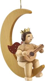 Baumbehang Engel im Mond - mit Mandoline, mit Krone, natur