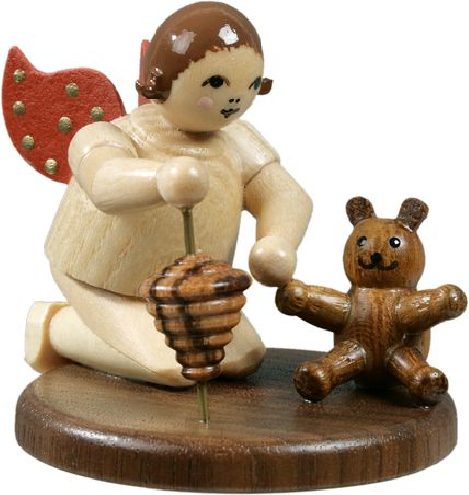 Engel kniend mit Teddy und Kreisel / natur ohne-Krone