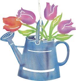 Fensterbild farbig Tulpen in Gießkanne
