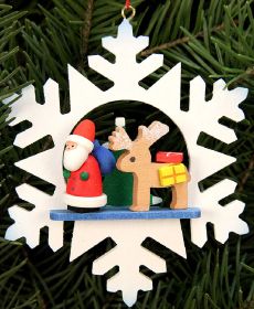 Baumbehang Schneeflocke - Weihnachtsmann mit Rentier Baumbehang Schneeflocke - Weihnachtsmann mit Rentier
