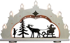 Schwibbogen Weihnachtsmann auf Schlitten, rusikal, 7 flg. Schwibbogen Weihnachtsmann auf Schlitten, rusikal, 7 flg.