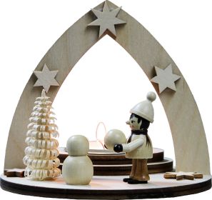 Teelichthalter Winterkind Schneemann bauend