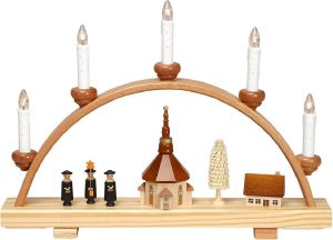 Schwibbogen, mit Seiffener Kirche u. Kurrende klein, elek. bel., 5 Kerzen Schwibbogen, mit Seiffener Kirche u. Kurrende klein, elek. bel., 5 Kerzen